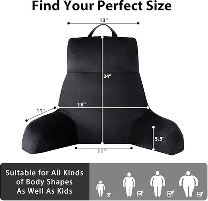 Reading Pillow with Arms for Adult, Back Pillow for Bed Sitting Up, Shredded Memory Foam Backrest Pillow with Pockets & Removable Washable Cover, Lounging, Watching TV, Reading(24inch Black)
