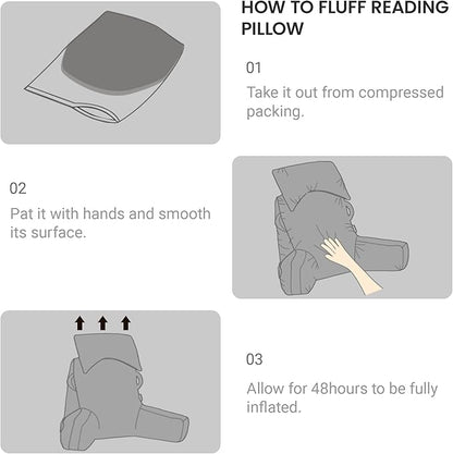 Portable Reading Pillows with Headrest for Bed Sitting Up(Grey Oeko-Tex), Velvet Back Pillow with Arms & Pockets for Adults, Support Memory Foam Bed Pillow for Dorm/Reading/Watching/Gaming