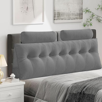 Velvet Triangular Headboard Wedge Pillow With Roll Pillow,Removable Cover Headboard Pillow Daybed Bunk Bed,Backrest Positioning Support Pillow Resting Reading Relaxing (Grey, King(76 * 20 * 8in))