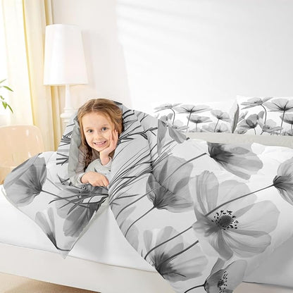 Erosebridal Vintage Grey Floral Queen Comforter Set,Black and Gray Flower Bedding Sets for Kids Girls Women,Country Flowers Bed Set Rustic Wildflower Room Decor with 2 Pillowcases,Breathable