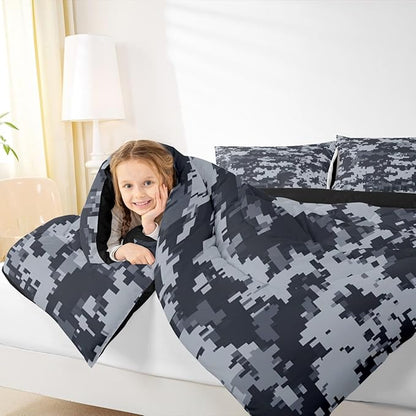 Gray Pixelated Miners Gamer Kids Bedding Sets Cartoon Style Video Games Reversible Comforter for Boys Black Checkered Grid Quilt Set Soft Duvet Insert,1 Pillowcase Toddler Size