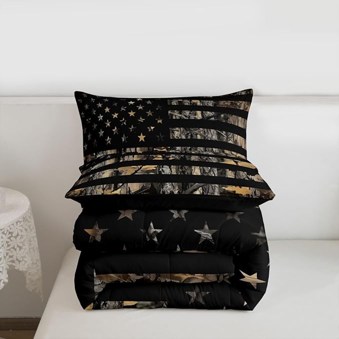 Feelyou American Flag Camo Comforter Set All Season Hunting Bedding Set with 2 Pillow Cases Military Camouflage Kids Full Bedclothes Rustic Trees Leaves Bedroom Decor Duvet Quilt Soft Lightweight