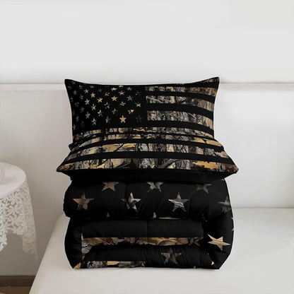 Feelyou American Flag Camo Comforter Set All Season Hunting Bedding Set with 2 Pillow Cases Military Camouflage Kids Full Bedclothes Rustic Trees Leaves Bedroom Decor Duvet Quilt Soft Lightweight