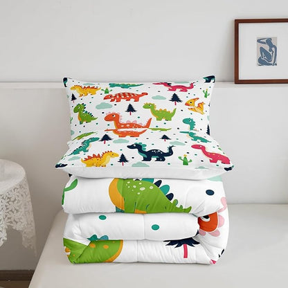 Cartoon Dino Kids Comforter Set King Size,Cute Dinosaur Watercolor Wild Animal Bedding Set All Season Quilt Set,Kawaii Dino Dots Pine Cloud Print Microfiber Polyester Down Comforter