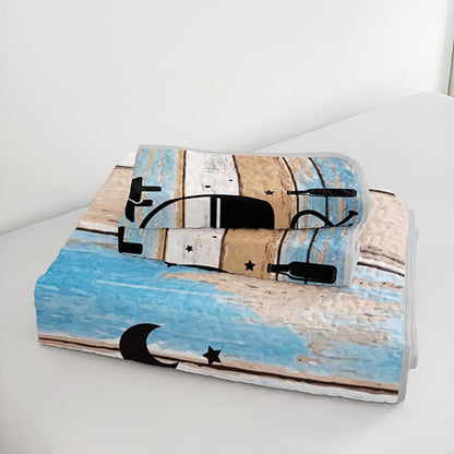 HOSIMA Vintage Camper Twin Size Quilt Set,Lightweight Bedding Set Camping Travel Trailer Printed Quilt for Camper Decor,Happy Camping Themed Bedding with 2 Pillowcases.