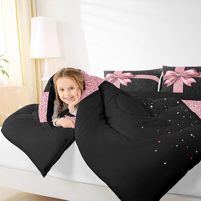 Castle Fairy Girls Bowknot Twin Size Comforter Set,Kids Glitter Diamond Print Decor All Season Bedding,Teens Pink and Black Comforter,Children Luxury Art Decor Quilt Set Bedroom Collection 2Pcs