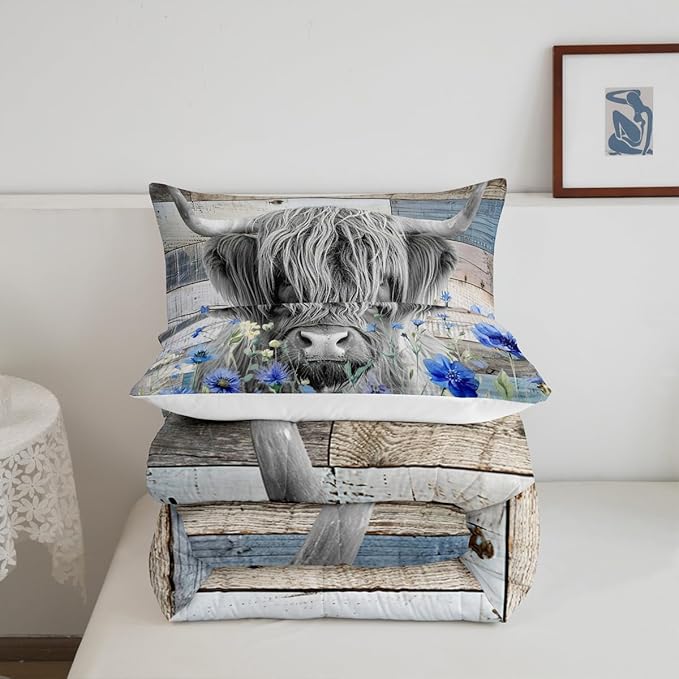 Highland Cow Comforter Set King Size,Colorful Flowers Bedding Set 3pcs for Kids Teens Adults Room Decor,Rustic Farmhouse Barn Wooden Quilt Set Nature Animals Plants Duvet Insert,Blue Grey