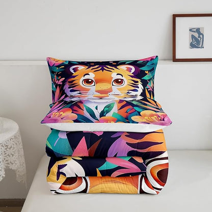 Tropical Tiger Bedding Set Toddler Size Cute Jungle Animal Comforter for Child Teens Watercolor Blooming Flowers Down Comforter Green Leaves Duvet Insert with 1 Pillowcase