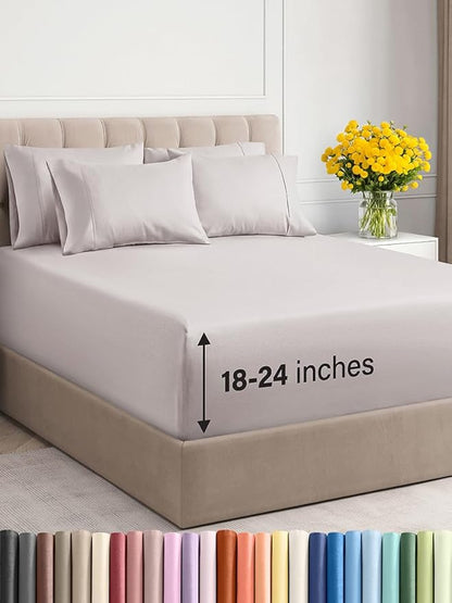 Extra Deep King Sheet Set - 6 Piece Breathable & Cooling Sheets - Hotel Luxury Bed Sheets Set - Easy & Secure Fit - Soft, Wrinkle Free & Comfy Sheets Set - Light Grey Sheet Set with Extra Deep Pockets