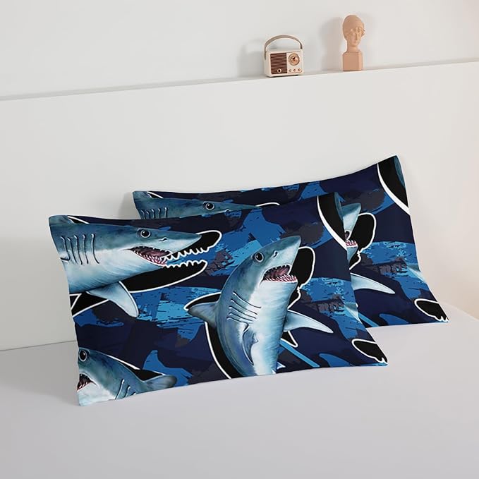 HOSIMA Blue Shark Bedding Set for Adults Kids,Cartoon Shark Pattern Comforter Set King Size for Boys,Blue Ocean Animal Themed Comforter Set for Boys Room Decorate with 2 Pillowcases.