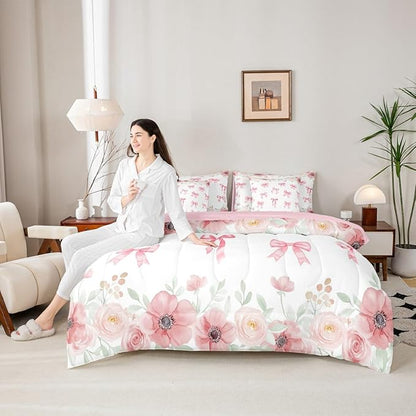 Erosebridal Kawaii Pink Bowknot Bed in A Bag | Flower Bow Decorations Bedding Set for Girls Preppy Coquette Bows Comforter Sets with Sheets, 7 Pieces Romance Bed Set Bedroom Decor (Twin)