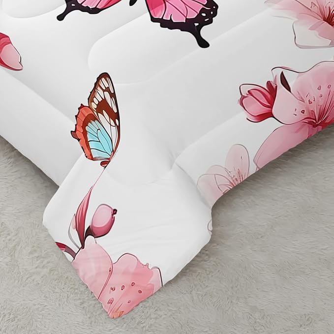 Colorful Butterfly Cherry Blossom Comforter 3Pcs Full Sakura Flower Romantic Butterfly Bedding Set for Kid Teen Girl Boy Adult Petal Floral Quilt Decor with 1 Comforter and 2 Pillowcases