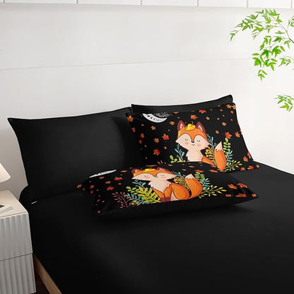 Cartoon Fox Comforter Set 7Pcs Cute Fox Bedding Set for Kid Boy Girl Adult Moon Plants Leaves Printed Quilt Set Queen with 2 Sheets,2 Pillowcases,2 Throw Pillow Covers
