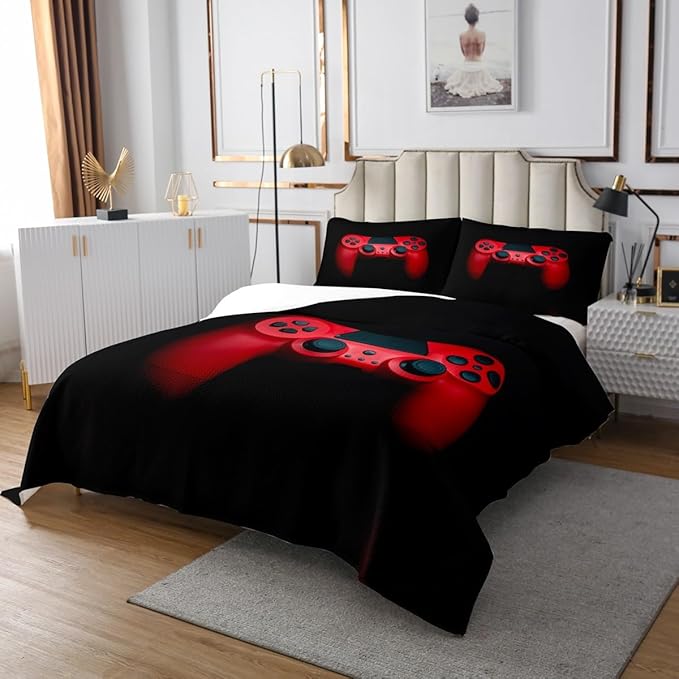 Erosebridal Boys Red Gamepad Bedspread Quilt Set Twin, Man Video Games Bedspread Gaming Controller Bed Cover, Modern Young Action Buttons Decorative 2 Piece with 1 Pillow Sham, Black