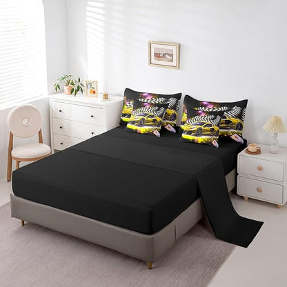 Feelyou Yellow Racing Car 7 Piece Bedding Set Full Size Extreme Sport Comforter Set with Sheets for Kids Boys Girls Teens Toddler Fast and Furious Bed in a Bag Black White Flag Bed Set