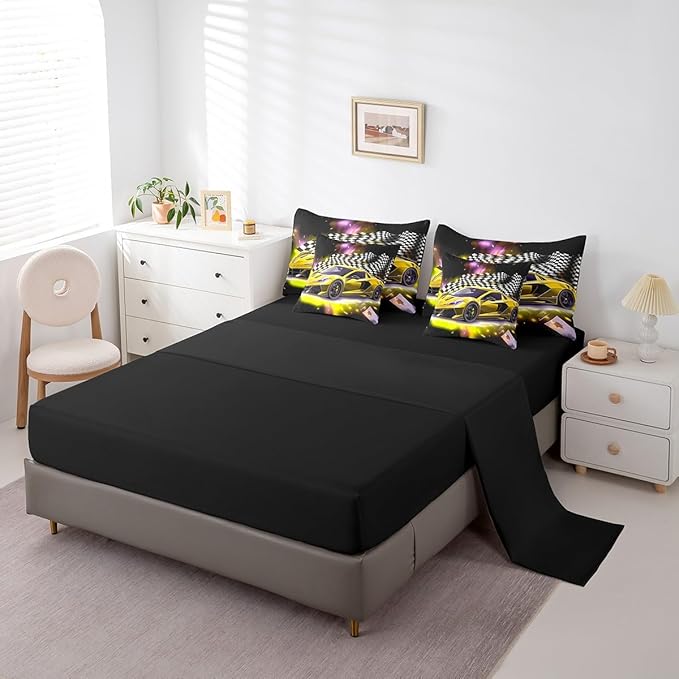 Feelyou Yellow Racing Car 7 Piece Bedding Set Queen Size Extreme Sport Comforter Set with Sheets for Kids Boys Girls Teens Toddler Fast and Furious Bed in a Bag Black White Flag Bed Set