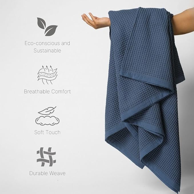 GOTS Certified Organic Cotton Waffle Weave Blanket, Twin Bed Size, 66"X90"Cozy Throw Blanket for Couch, Modern Home Decor, Throw Blankets,Comfy Waffle Blanket Soft Bed Blankets -Navy Blue