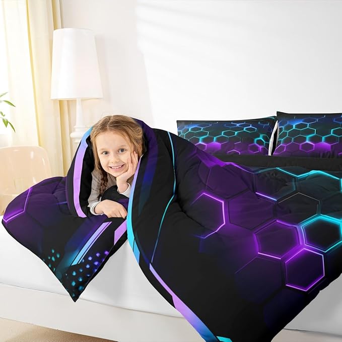 Fashion 3D Honeycomb Bedding Comforter Set Full Size Neon Colorful Light Geometric Hexagon Comforter Set for Boys Teens Kids Bedroom Decor Video Racing Games Quilted Duvet Black Duvet Insert 3pcs