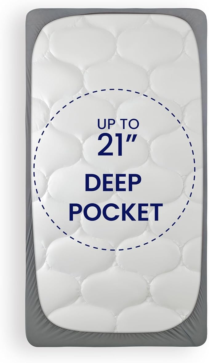 SLEEP ZONE Bedding Quilted Fitted Twin Mattress Pad Cover, Soft Fluffy Pillow Top Bed Mattress Topper Deep Pocket 8-21 inch, Washable (Grey, Twin)