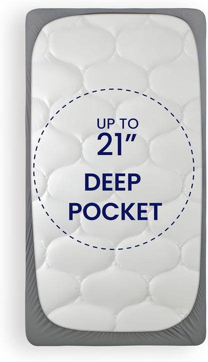 SLEEP ZONE Bedding Quilted Fitted Twin Mattress Pad Cover, Soft Fluffy Pillow Top Bed Mattress Topper Deep Pocket 8-21 inch, Washable (Grey, Twin)