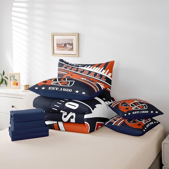 American Football City Helmet Bedding Sets Queen, 3D Sports Football Game Comforter Orange Navy Football Comforter + Flat Sheet + Fitted Sheet + 2 Pillowcases + 2 Throw Pillow Covers (Chicago)