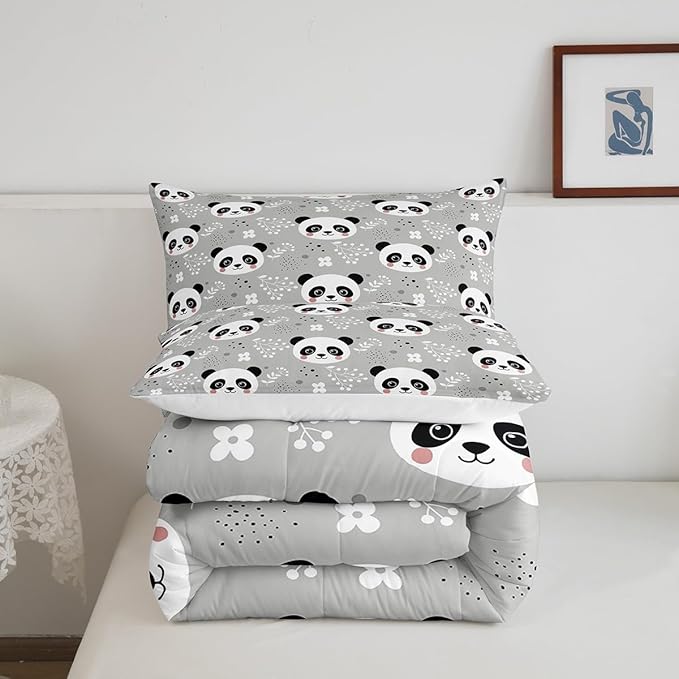 Kawaii Panda Comforter Set King Size Cartoon Animal Bedding Set Bedroom Decor Watercolor Leaves Botanical Quilt Set for Kids Boys Girls Cute Pandas Duvet Insert 3Pcs