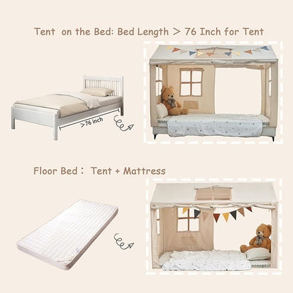 Twin Bed Tent Indoor Bed Canopy Kids Tents for Girls Boys with 2 Doors, Breathable Private Space Floor Fort Bed Tents for Kids Sleeping Tent (Twin, Khaki)