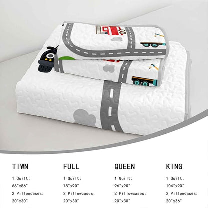 AILONEN Boys Kids Cartoon Truck Quilt Set Queen Size, Soft Microfiber,Construction Trucks Bedspread Coverlet 3Pcs,Car Road Pattern Bed Cover,2 Pillowcases