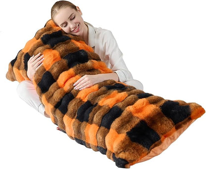 Luxury Shaggy Faux Fur Body Pillow,Soft Decorative Plush Full Long Pillow,Fuzzy Hug Pillow for Home Living Room Side Sleeper & Pregnancy 20"x54" Orange-Black Grid Print