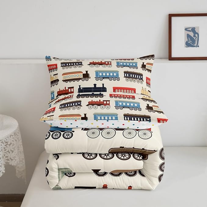 Erosebridal Cute Train Bedding Gifts for Kids Boys Funny Trains Car Full Comforter Set Vintage Smoking Steam Engine Bed Set for Toddler Nursery Birthday Decor Down Comforter for All Seasons