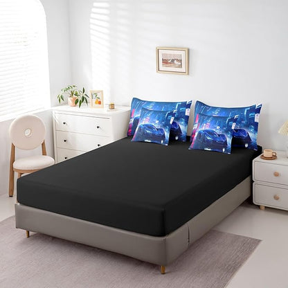 Feelyou City Racing Car 7 Piece Bedding Set King Size Blue Sport Car Comforter Set with Sheets for Adult Kids Boys Teens Fast and Furious Bed in a Bag Luxury Car Bed Set