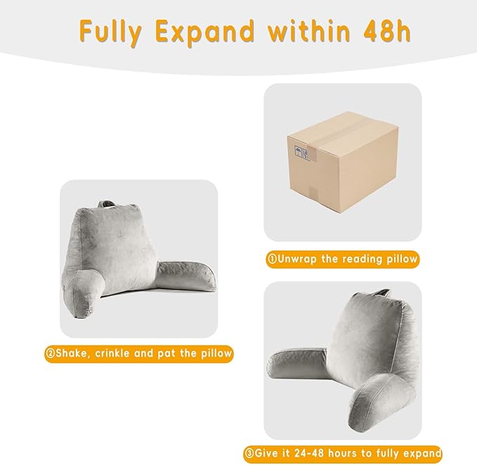 Reading Pillow for Sitting in Bed Adult, Reading Pillow with Shredded Memory Foam, Bed Pillow with Washable Cover, Back Pillow Sitting Up with Extend Arms, LightGrey, Large