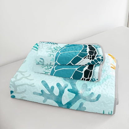 HOSIMA Sea Turtle King Size Quilt,Sea Turtle Print Lightweight Quilt,Different Corals Pattern Coastal Bedding for Teenage Girl Room Decor,Ocean Themed Bedding for Boys with 2 Pillowcases.
