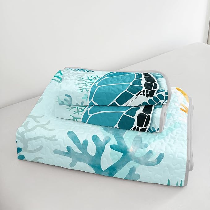 HOSIMA Sea Turtle Full Quilt Set,Sea Turtle Print Lightweight Quilt,Different Corals Pattern Coastal Bedding for Teenage Girl Room Decor,Ocean Themed Bedding for Boys with 2 Pillowcases.