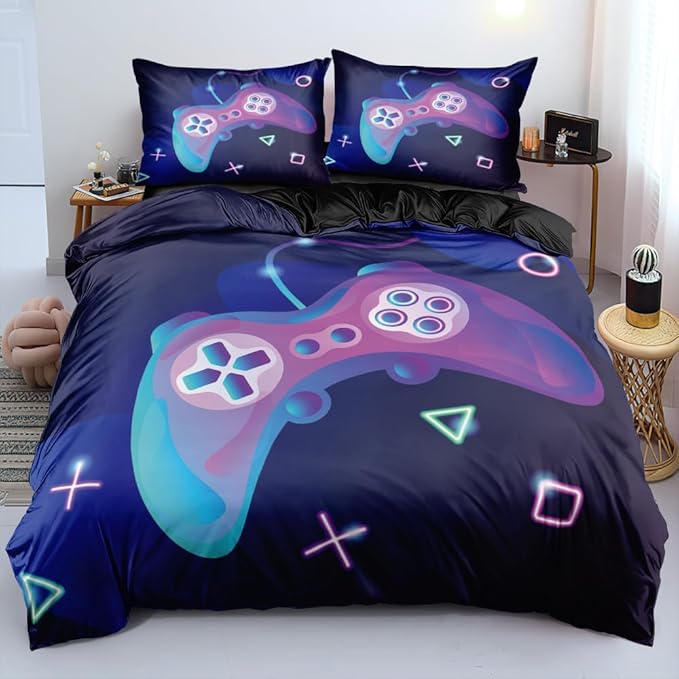 Full Size Gaming Bedding Collection - Duvet Cover Set & Pillowcases with Adorable Controller Pattern on Black, Ideal for Teen Gamers' Room Makeover (Modern Gaming Vibe)