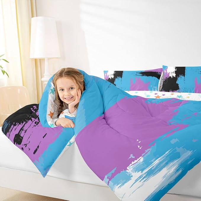 Feelyou Abstract Comforter Modern Abstract Art Comforter Set for Boys Girls Children Purple Blue Black Pattern Bedding Set Room Decor King Size Duvet Set 3Pcs