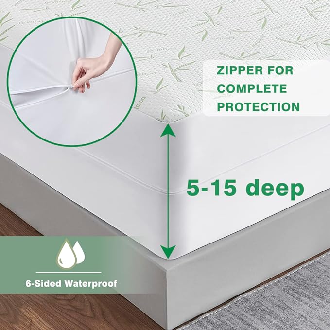 Parkdeny Waterproof Cooling Mattress Encasement, California King, Rayon from Bamboo, 5"-15"Deep, Noiseless, Washable