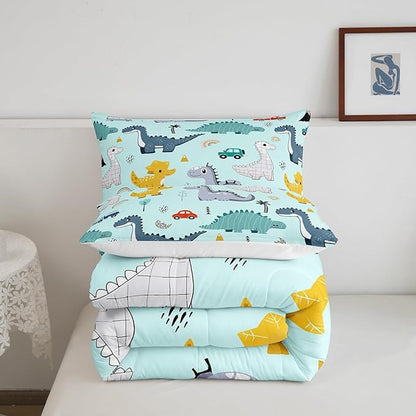 Castle Fairy Cute Car Kids Comforter Set Queen Size,Cartoon Dinosaur Rainbow Sketch Blue Bedding Set for Women Adult,Kawaii Dino Colorful Wild Animal Luxury Bed Duvet Insert, 2 Pillowcases