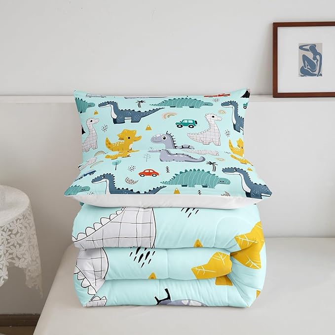 Castle Fairy Cute Car Kids Comforter Set Twin Size,Cartoon Dinosaur Rainbow Sketch Blue Bedding Set for Kids Boys Men,Kawaii Dino Colorful Wild Animal Quilted Duvet Set with 1 Pillowcase