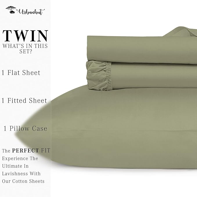 URBANHUT 1000 Thread Count Twin Sheets Egyptian Cotton for Twin Size Bedding Long Staple Soft & Breathable, 3 Pc Bed Sheet Sets, Luxury Hotel Sateen Weave Sheets Fits 16" Deep Pocket - Sage