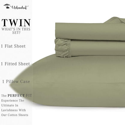 URBANHUT 1000 Thread Count Twin Sheets Egyptian Cotton for Twin Size Bedding Long Staple Soft & Breathable, 3 Pc Bed Sheet Sets, Luxury Hotel Sateen Weave Sheets Fits 16" Deep Pocket - Sage