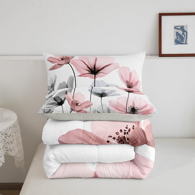 Erosebridal Cute Pink Floral King Bedding Set,Pink and Gray Flower Comforter Set for Kids Girls Women,Boho Wildflower Quilt,Farmhouse Flowers Bedroom Decor with 2 Pillowcases,Breathable