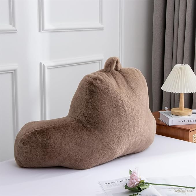 Holawakaka Large Faux Fur Bed Rest Pillow with Arms, Rabbit Fur Reading Pillows Perfect for Adults Men Women, Arm, Back, Pregnancy Lumbar & Head Neck Coccyx Lower Back Support Cushion (Khaki)