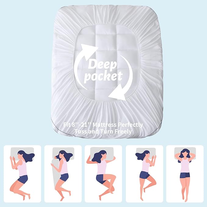 Mattress Topper with Deep Pocket, Extra Thick Pillow Top Mattress Pad, Breathable & Cooling Mattress Cover, Fits 8-21 Inch, Soft Support for Back Pain Relief, Mattress Protector (King, White)