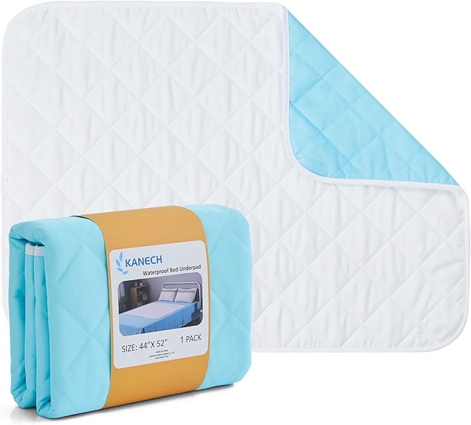 KANECH Washable Waterproof Incontinence Bed Pads - 44"x52" - Heavy Absorbency Reusable Underpads for Adults, Elderly and Kids - Slip Resistant Mattress Protector
