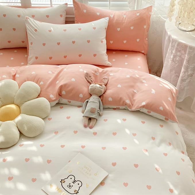 Blush Pink Duvet Cover Set Full Heart Bedding Set Cute Love Heart Bedding 3Pcs Girls Reversible White Pink Duvet Cover with Zip and 2 Pillowcases（No Comforter）