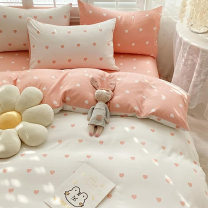 Blush Pink Duvet Cover Set Queen Heart Bedding Set Cute Love Heart Bedding 3Pcs Girls Reversible White Pink Duvet Cover with Zip and 2 Pillowcases（No Comforter）