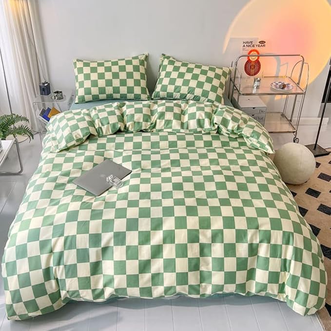 Wellboo Green White Plaid Comforter Sets King Women Men Sage Green Checkerboard Grid Bedding Comforters Cotton Boys Girls Modern Grass Green and White Checkered Geometric Quilts Luxury Abstract Bed