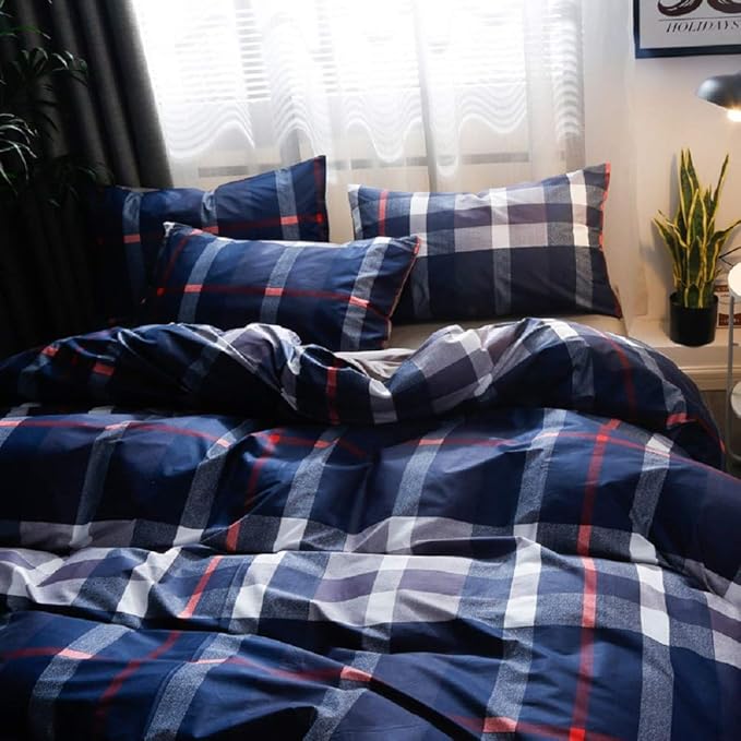 Wellboo Navy Blue Plaid Comforters Queen Blue Geometric Tartan Bedding Comforters Cotton Women Men Preppy Buffalo Check Warm Quilts Vintage Blue Grid Blankets Farmhouse Down Alternative Bed