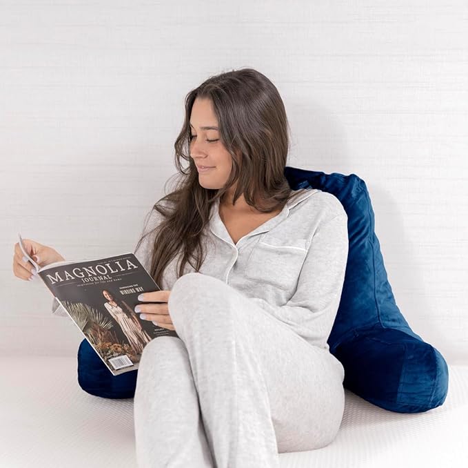 Milliard Reading Pillow with Arms, Navy Blue, Cozy Shredded Memory Foam Back Pillow for Bed Sitting Up - Sit Up Backrest Support for Reading & Rest Bed - Washable Cover, Adjustable Comfort, CertiPUR